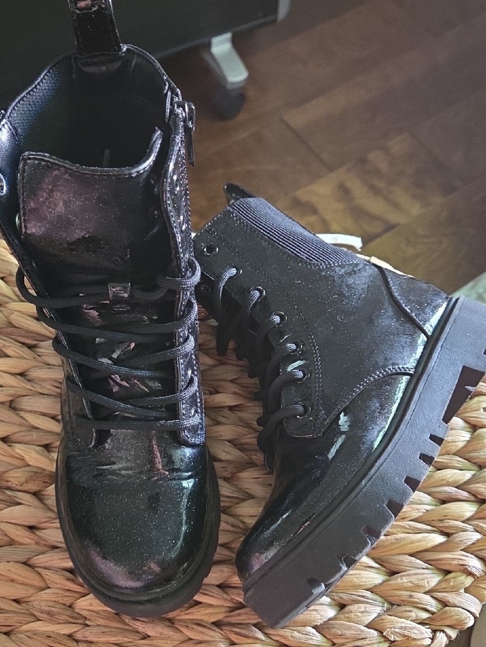 Art Class Black Girl Combat Boots - Shiny Lace-Up Platform